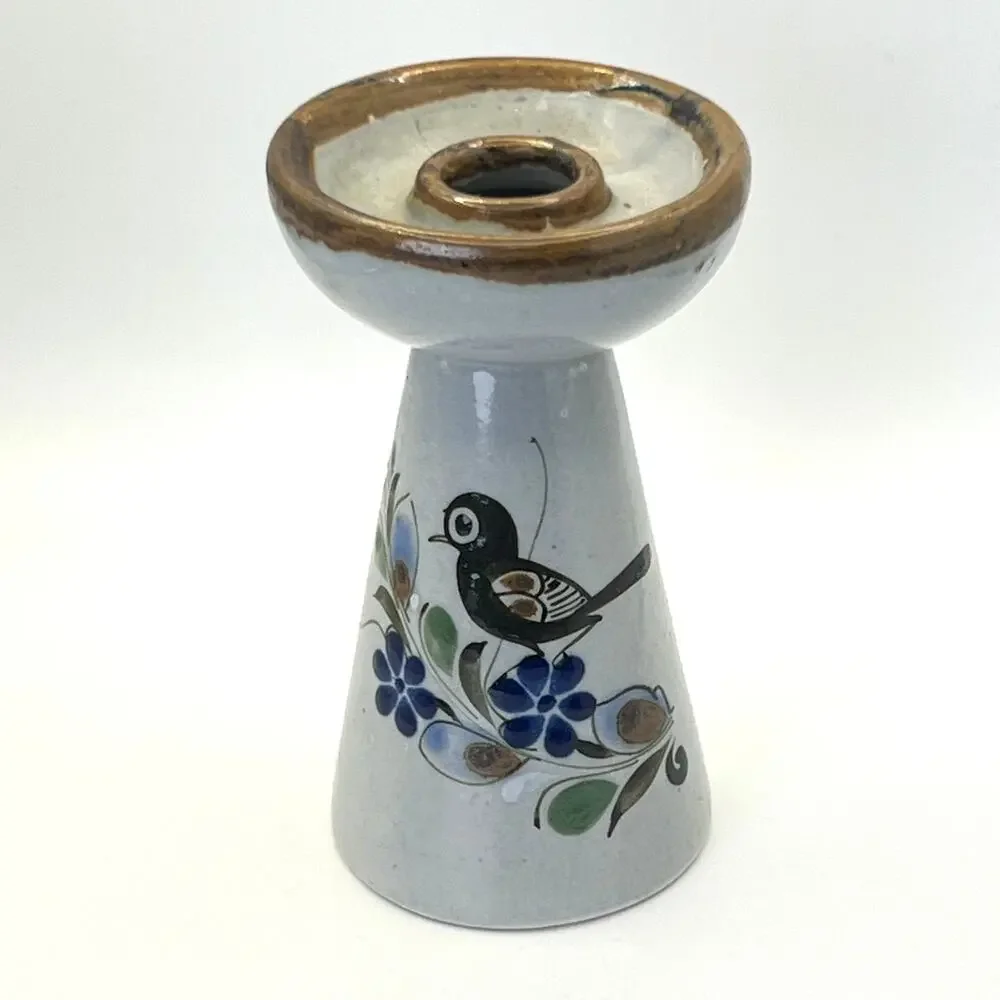 VTG Tonala Mexico Vase Candle Holder Tlaquepaque Folk Art Ceramic Bird Flared